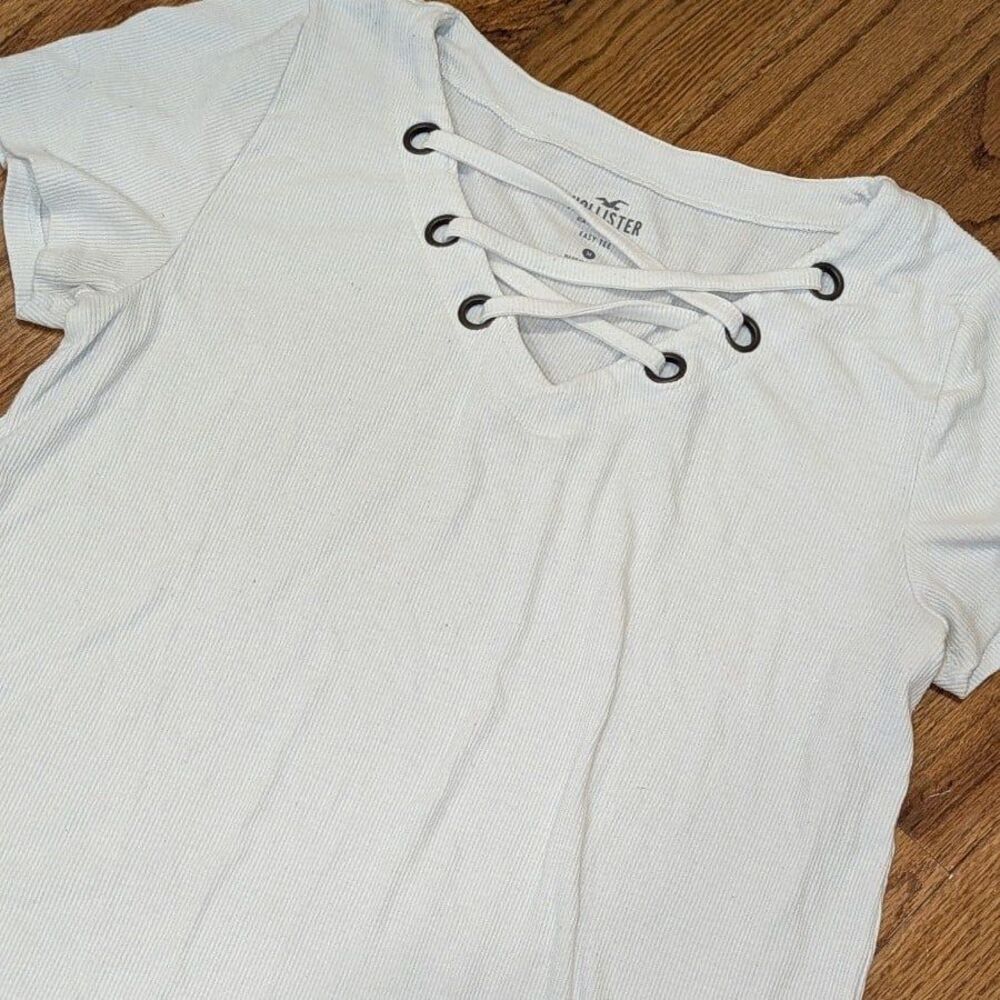 Y2K‎ Lace Up Ribbed Baby Tee White Short Sleeve Soft Girl Hollister Medium